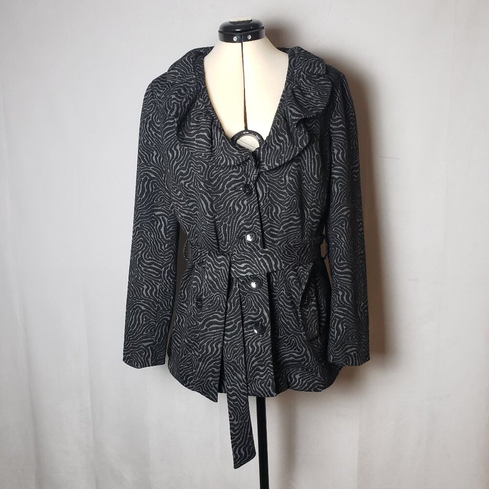 Sandro Studio Zebra Print Jacket Ruffled Collar Tie Waist Belt Button Closure M